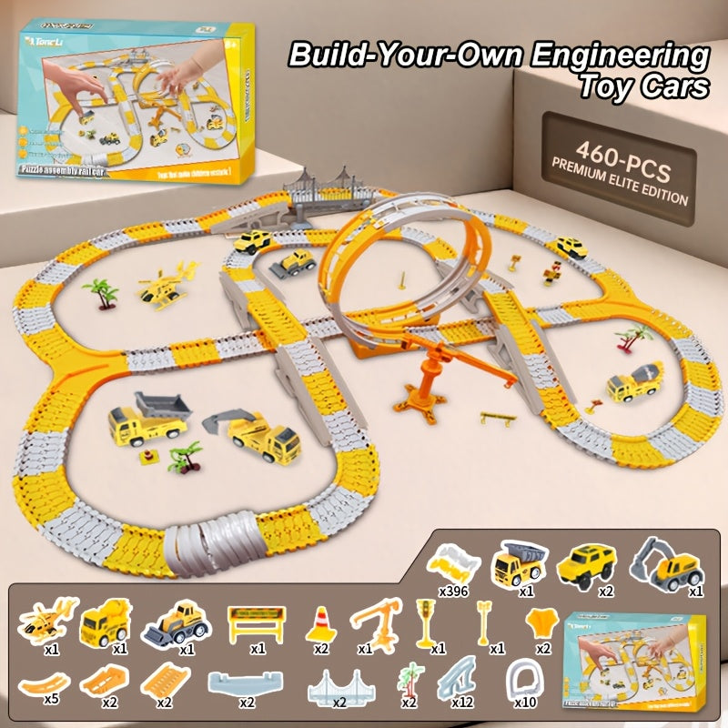 Kids Electric Track Car Toy Set Engineering Race Track with Elevated Bridge Tunnel Roller Coaster Scene Building Assembly – Birthday Gift Boys Girls Ages 3-8