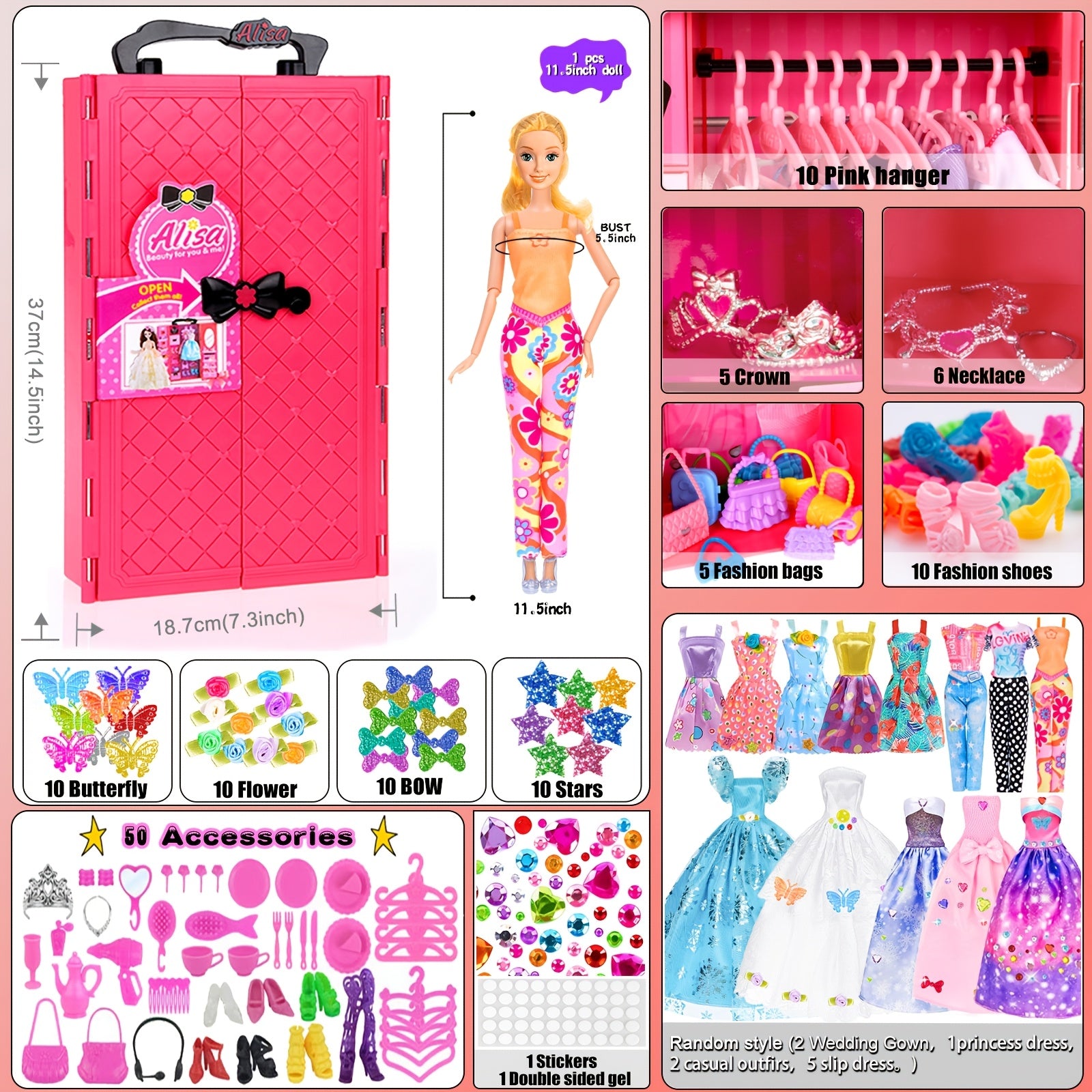 Fashion Doll Wardrobe Set 140pcs for 11.5 Inch Dolls – Includes Doll, Closet, Wedding Dresses, Shoes & Accessories, Gift for Girls Ages 6-12