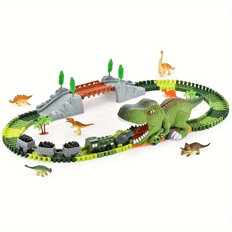121-Piece Electric Dinosaur Track Train Set – Dinosaur Swallowing Car Sliding Track with Electric Train, Fun Dinosaur Toy Car Combination Playset for Kids Boys and Girls