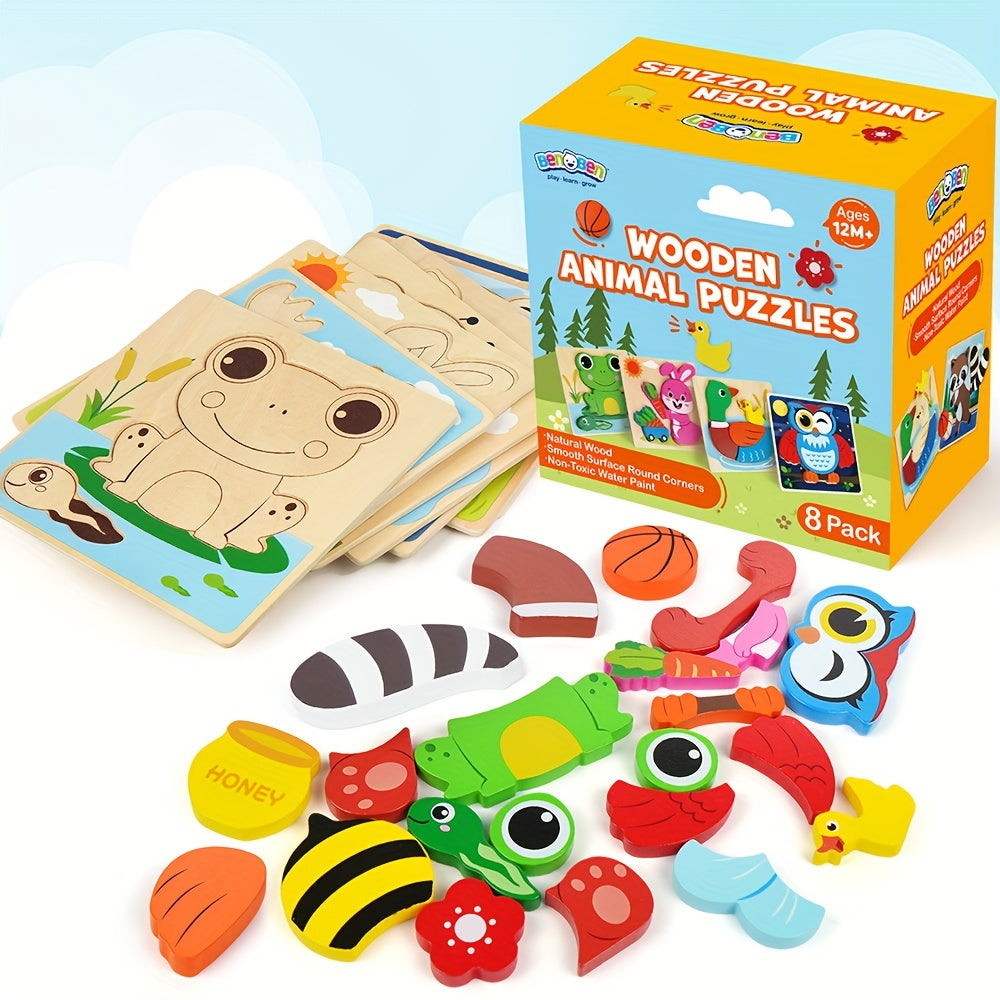 Animal Wooden Puzzle Set for Toddlers 8 Pack – Baby Jigsaw Puzzles Ages 12M+, Color & Shape Learning Toy for Boys Girls, Preschool Educational Gift for Christmas Birthday Thanksgiving