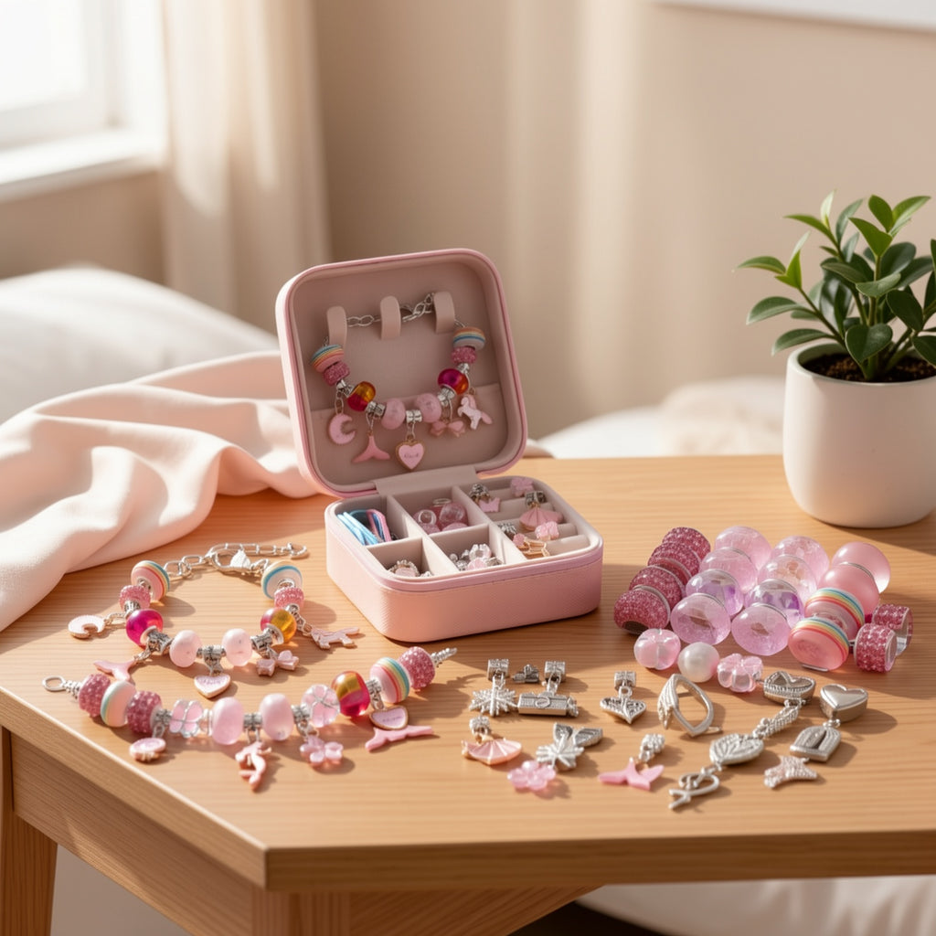 Pink Bracelet Making Set with Portable Jewelry Box – Unicorn & Mermaid Jewelry Making Crafts for Girls, Handmade Bracelet Kit, Birthday Christmas Graduation Gift for Teen Girls & Women
