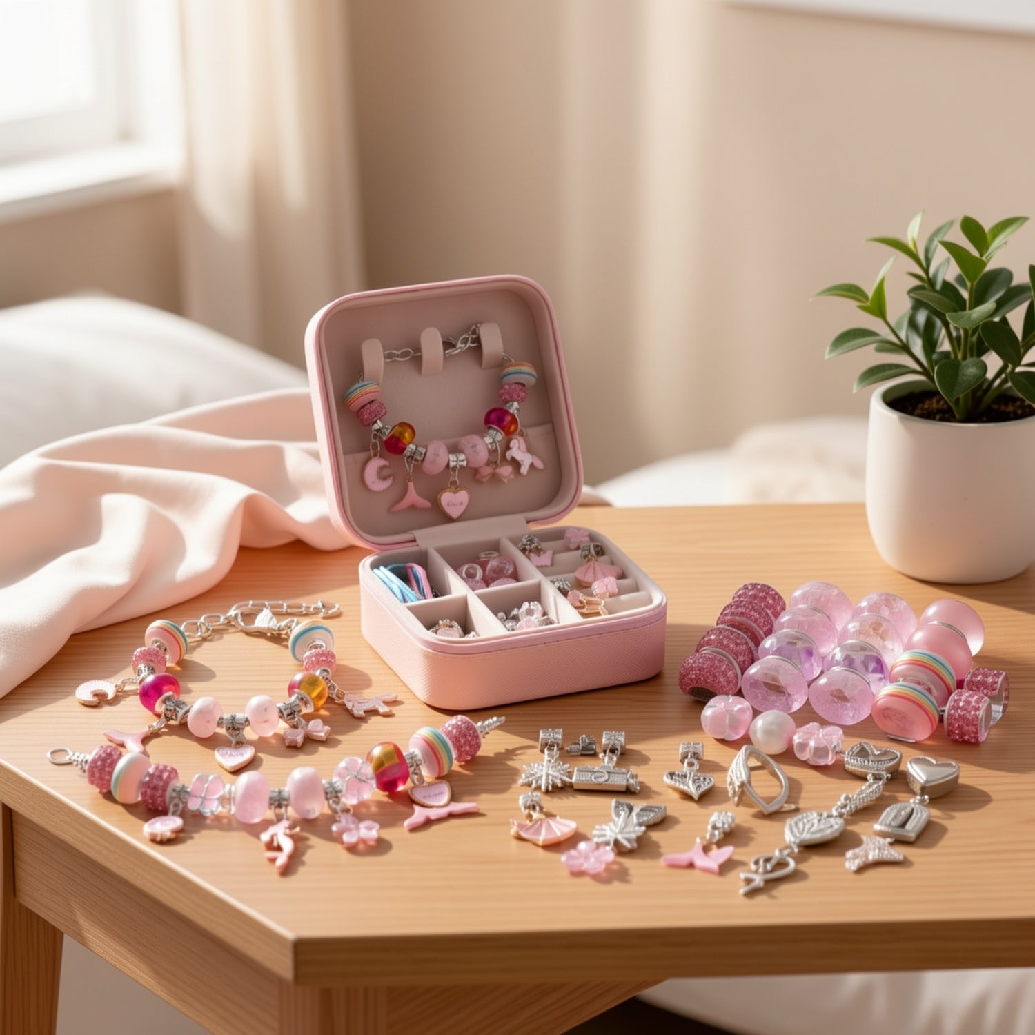 Pink Bracelet Making Set with Portable Jewelry Box – Unicorn & Mermaid Jewelry Making Crafts for Girls, Handmade Bracelet Kit, Birthday Christmas Graduation Gift for Teen Girls & Women