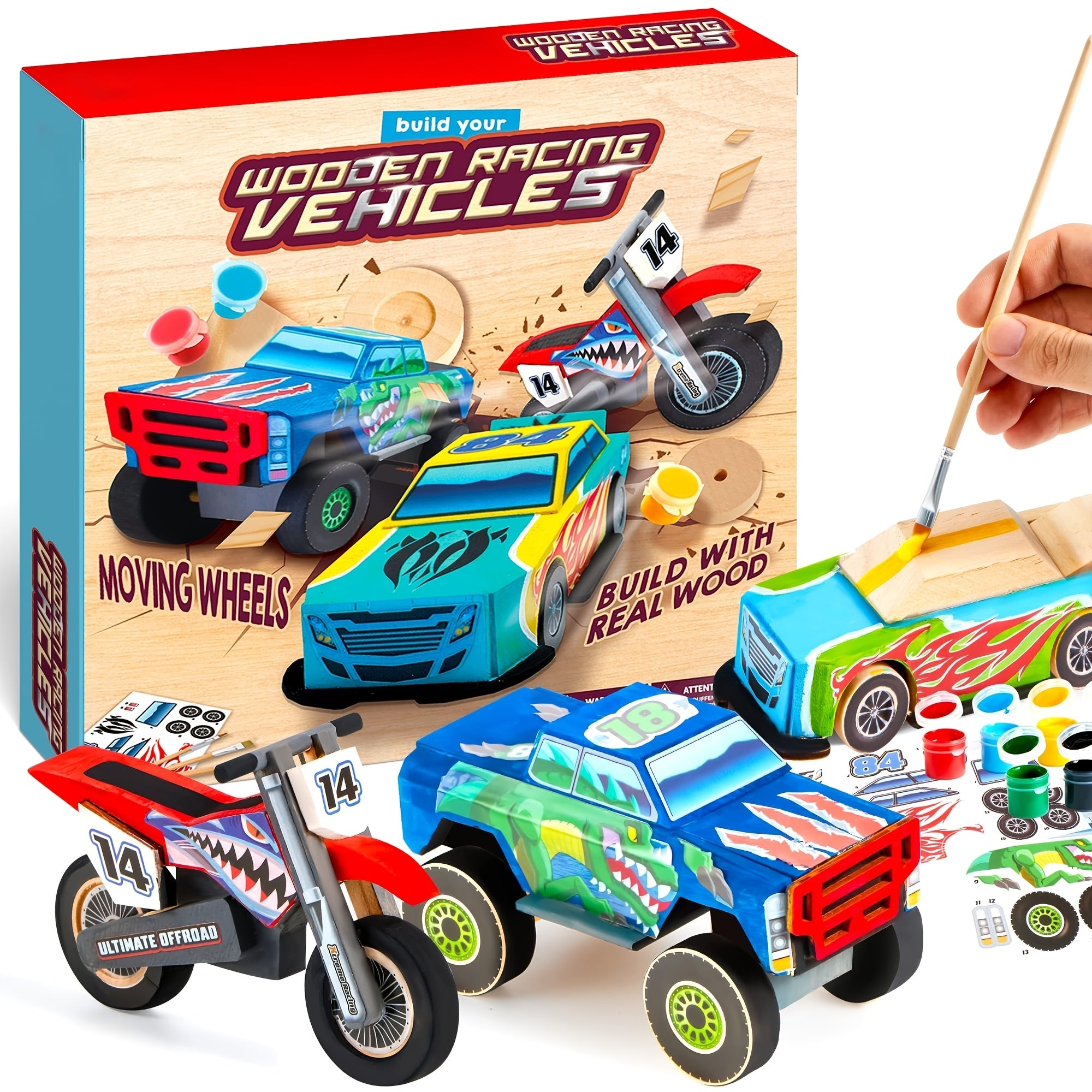 Build & Paint Your Own Wooden Race Car Craft Kit 144 Pieces with Race Car Motorcycle Monster Truck 12 Paint Colors Decals STEM Toy Gift for Kids Boys