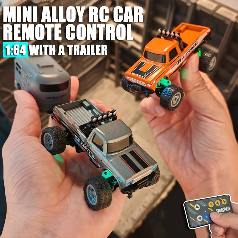 1:64 Mini RC Alloy Monster Truck with Trailer - 2.4GHz Off-Road Pickup Rock Crawler, Body Lights & Headlights, Tabletop Decor, Birthday Christmas Gift for Boys
