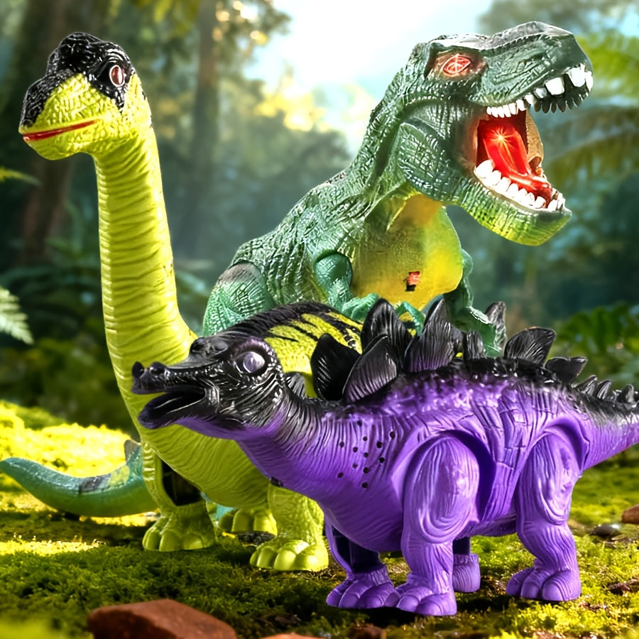 Electric Walking Dinosaur Toy Set 3-Pack with Sound & Light – T-Rex, Brachiosaurus & Stegosaurus Jurassic Dino Figures – Birthday & Christmas Gift for Boys Ages 3-7
