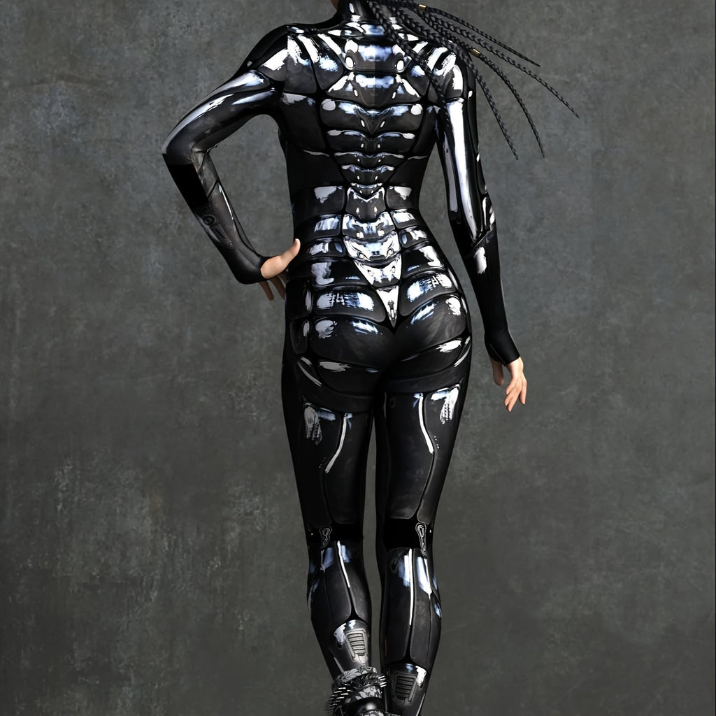 Black Full Body Zippered Jumpsuit for Women, Long Sleeve Sci-Fi Catsuit Sleek Bodysuit, Futuristic Style Halloween Costume Party Outfit