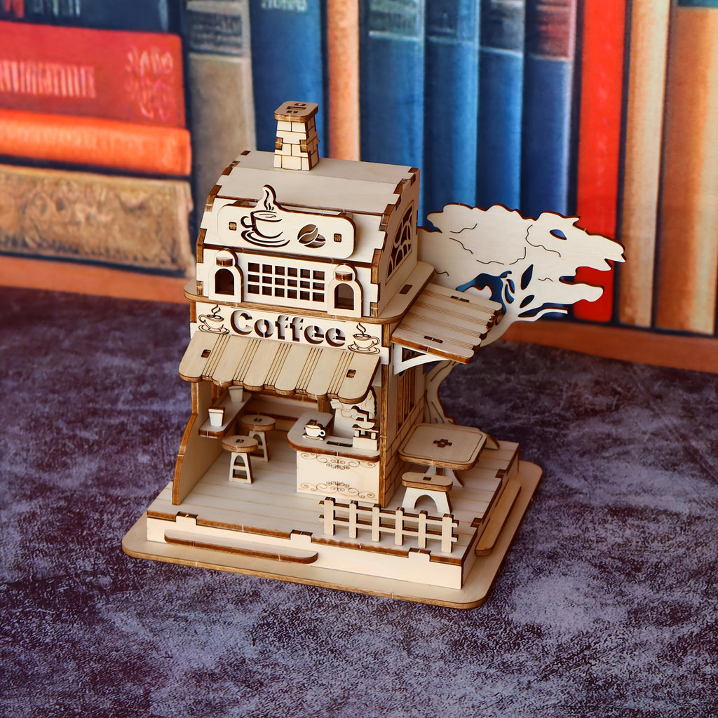 Coffee Shop 3D Wooden Puzzle Kit Miniature House Model with Artisan Coffee Machines DIY Build Creative Birthday Halloween Gift for Adults Teens