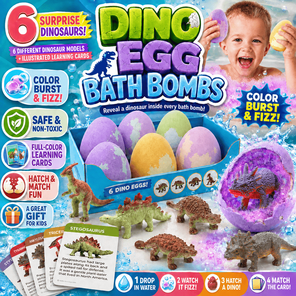 Dinosaur Egg Bath Bombs for Kids 6-Pack - Fizzy Surprise Bath Bomb Set with Hidden Dinosaur Toys & Learning Cards, Colorful Bath Time Activity, Birthday Christmas Gift for Boys Girls