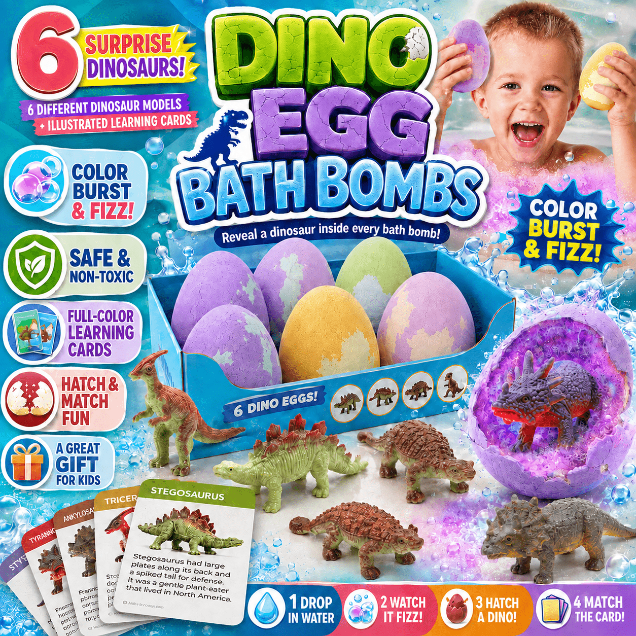 Dinosaur Egg Bath Bombs for Kids 6-Pack - Fizzy Surprise Bath Bomb Set with Hidden Dinosaur Toys & Learning Cards, Colorful Bath Time Activity, Birthday Christmas Gift for Boys Girls