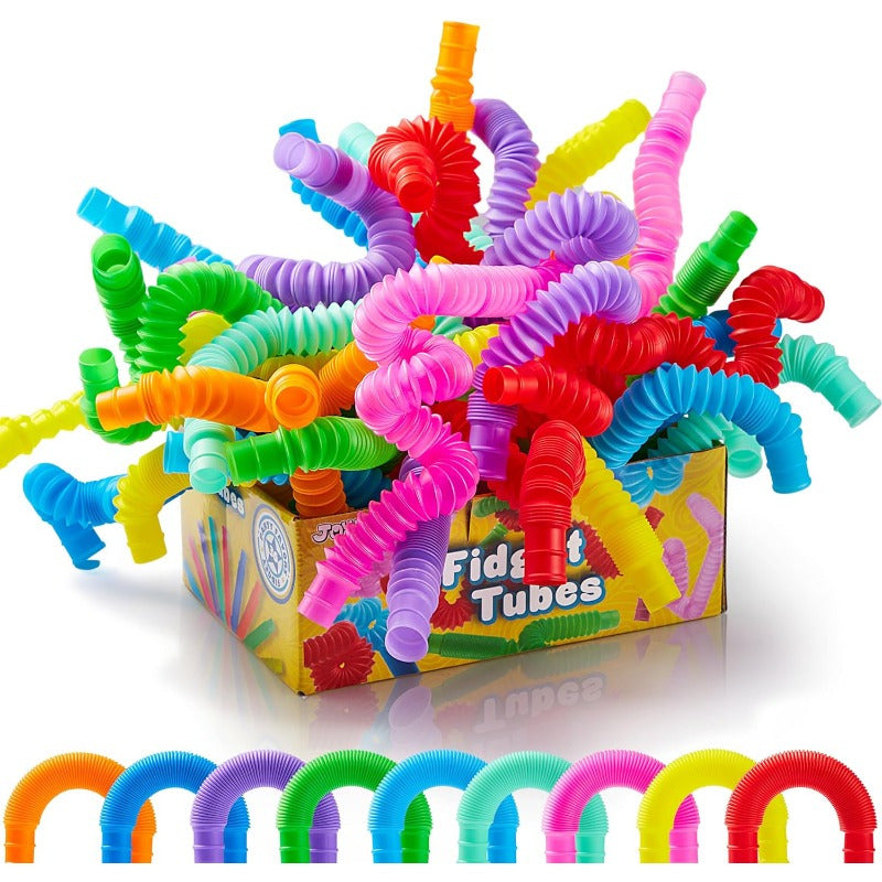 Pop Tubes Bulk 72 Pack Fidget Sensory Toys – Connectable Extendable Stress Relief Tubes Party Favors for Classroom Halloween Christmas Easter Birthday Goodie Bag