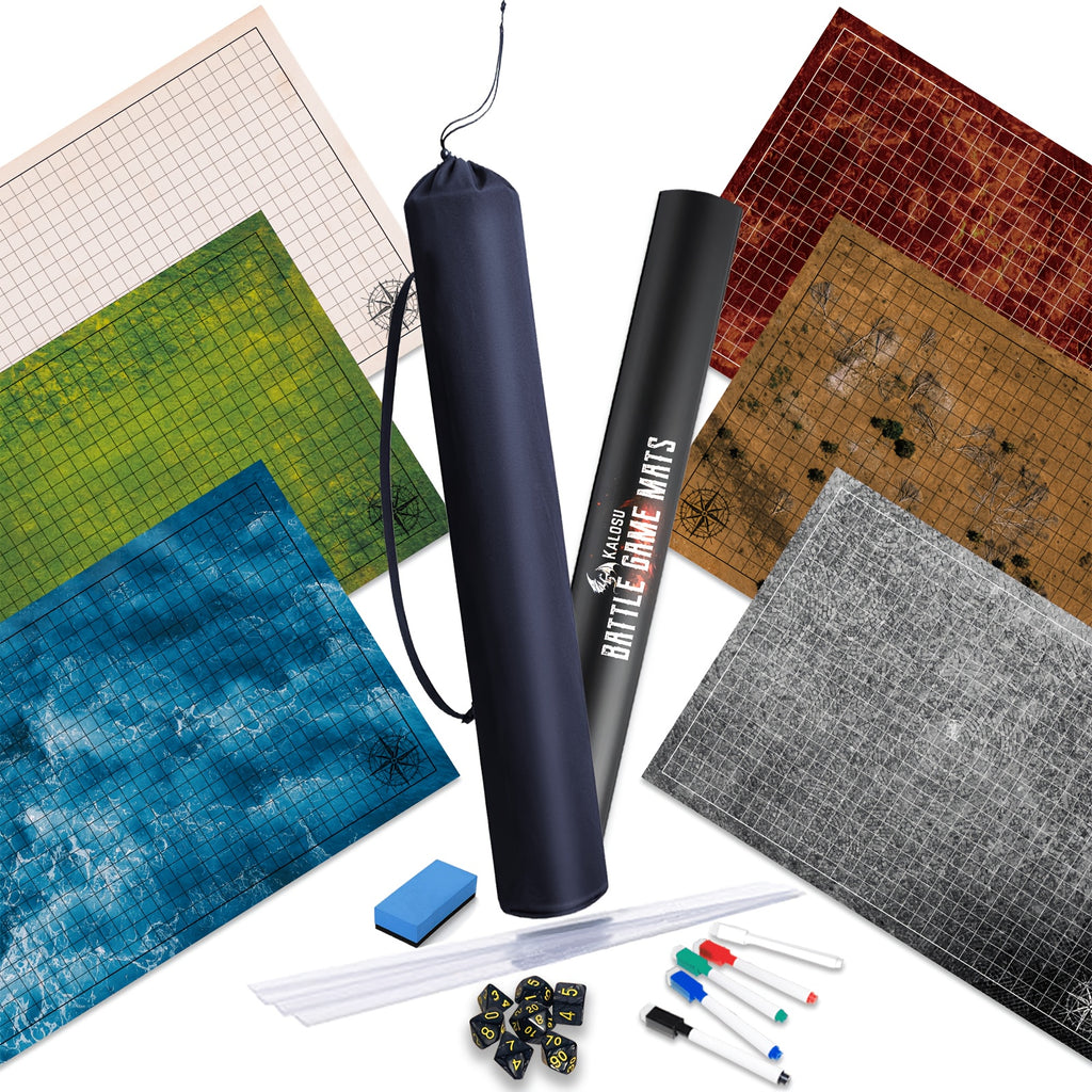 DnD Battle Map 3-Pack 24x36" Dry Erase Mats – 6 Double-Sided Terrain Grids with Lay-Flat Clips, Shoulder Bag & Dice Accessories for D&D 5e Pathfinder TRPG