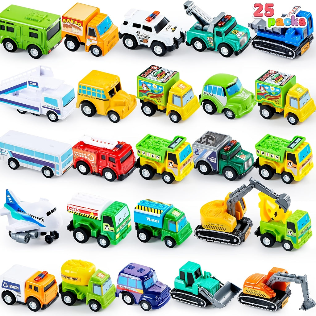25-Piece Pull Back Cars and Trucks Toy Set for Kids – Die-Cast Vehicle Playset with Fire Truck, Police Car & School Bus, Party Favors, Easter & Christmas Gift for Boys and Girls