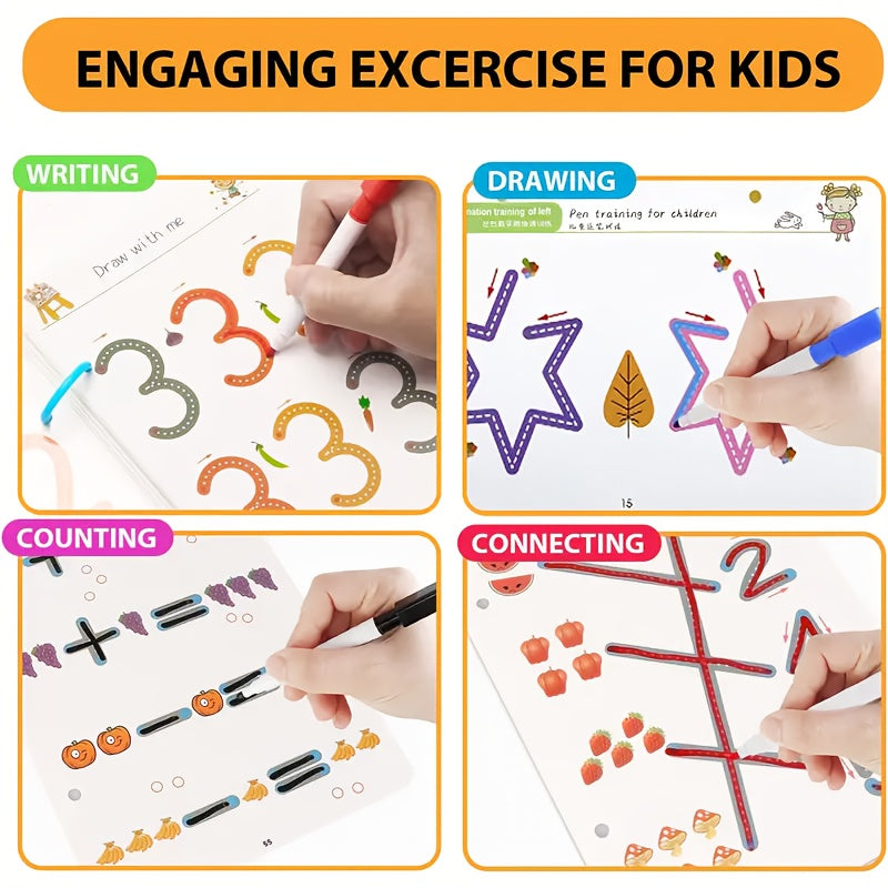Magic Handwriting & Drawing Practice Book Set 64 Pages with 8 Erasable Pens & Refills – Pen Control Workbook for Kids Ages 3-8 Early Learning