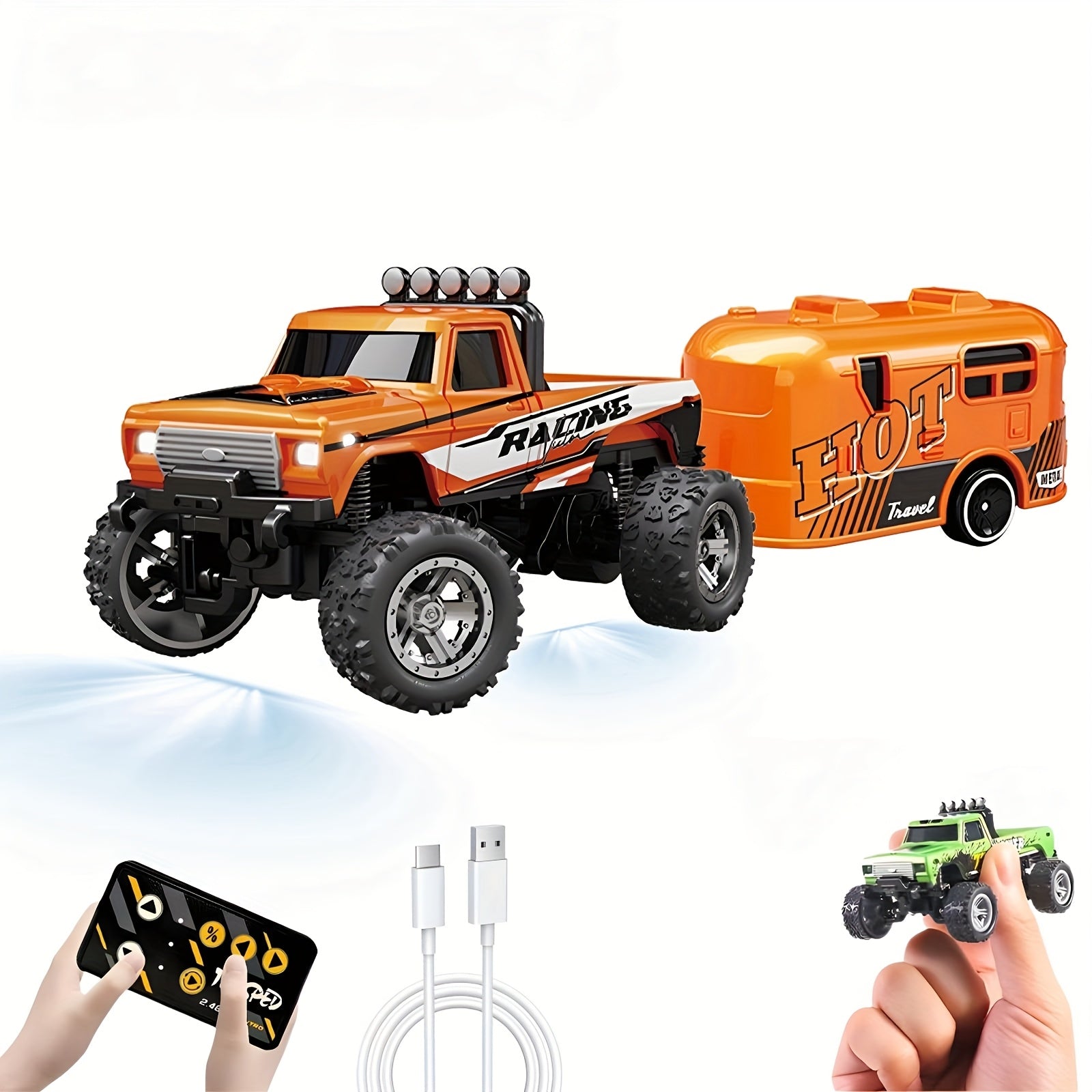Mini RC Truck 1:64 Scale 2.4GHz Off-Road Alloy with Trailer Body Lights Headlights Adjustable Speed Crawler Collectible Holiday Gift Boys