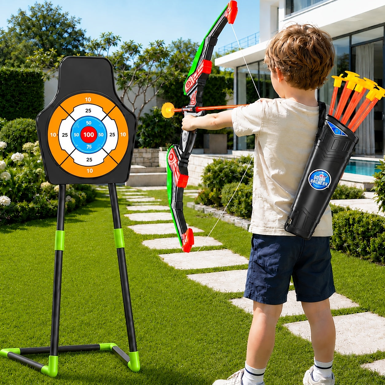 Bow and Arrow Set for Kids Ages 3+ – 10 Suction Cup Arrows, Quiver & Standing Target, Battery Free Outdoor Archery Toy – Birthday Christmas Easter Gift for Boys & Girls