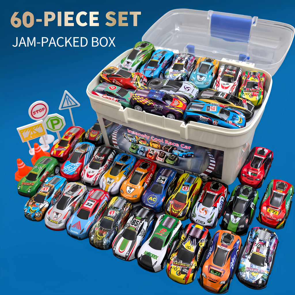 Pull Back Cars 60pcs Mini Race Car Set with Storage Box Foldable City Play Mat Traffic Signs - No Battery Tin Toy Gift for Boys Girls Ages 3+
