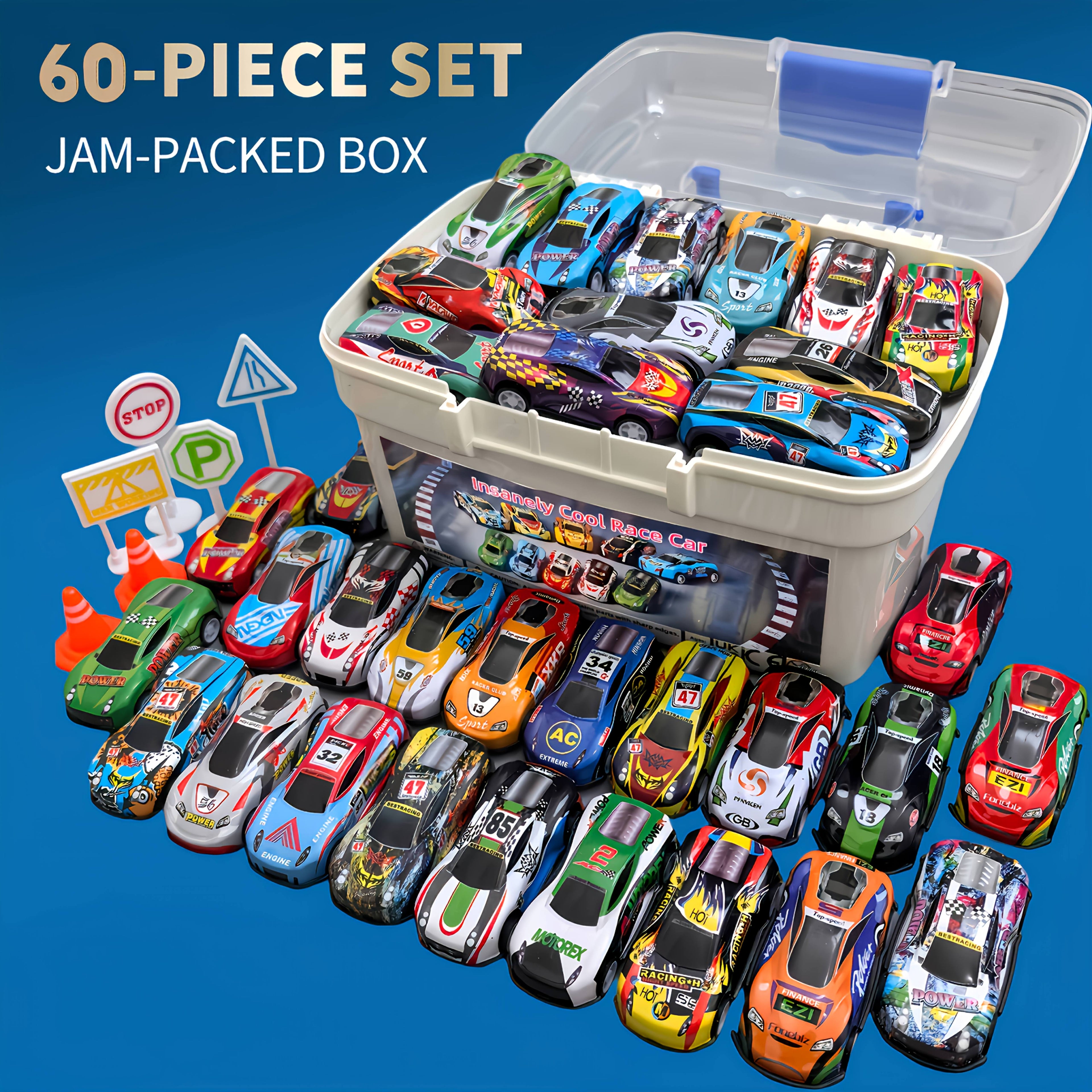 Pull Back Cars 60pcs Mini Race Car Set with Storage Box Foldable City Play Mat Traffic Signs - No Battery Tin Toy Gift for Boys Girls Ages 3+