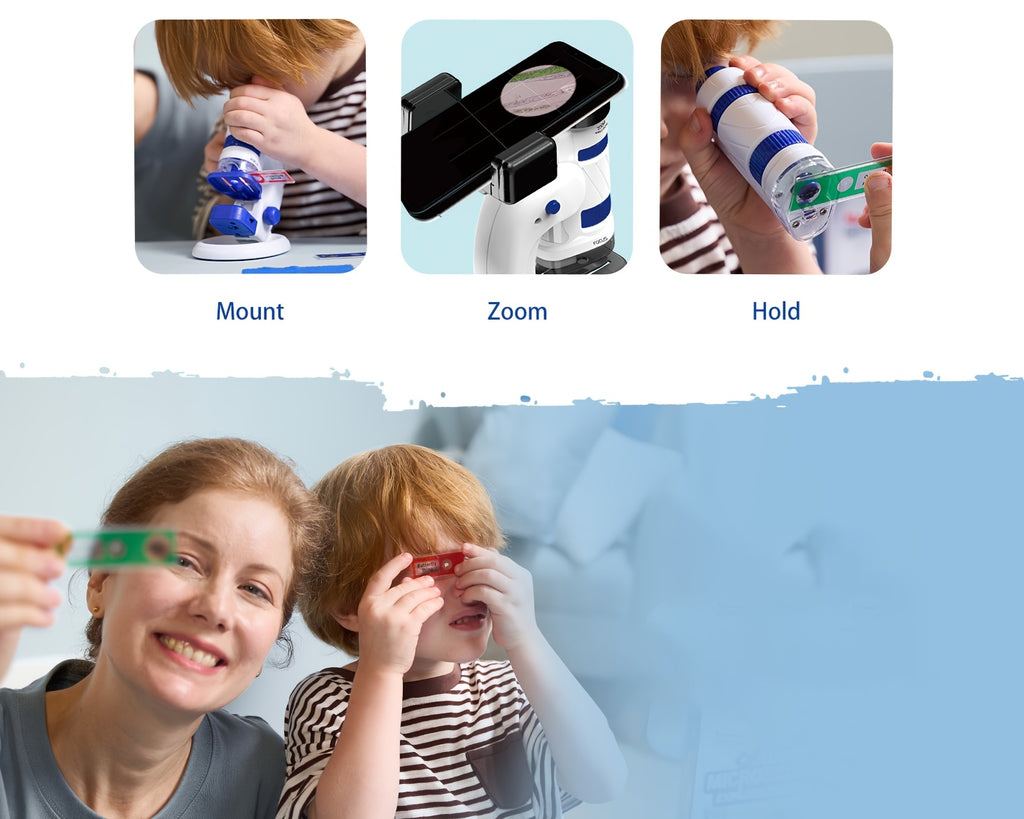 Kids Microscope Explorer Set 2-in-1 Science Experiment Toy 60x-180x Magnification 12 Specimen Slides Phone Holder STEM Gift Boys Girls Ages 5+