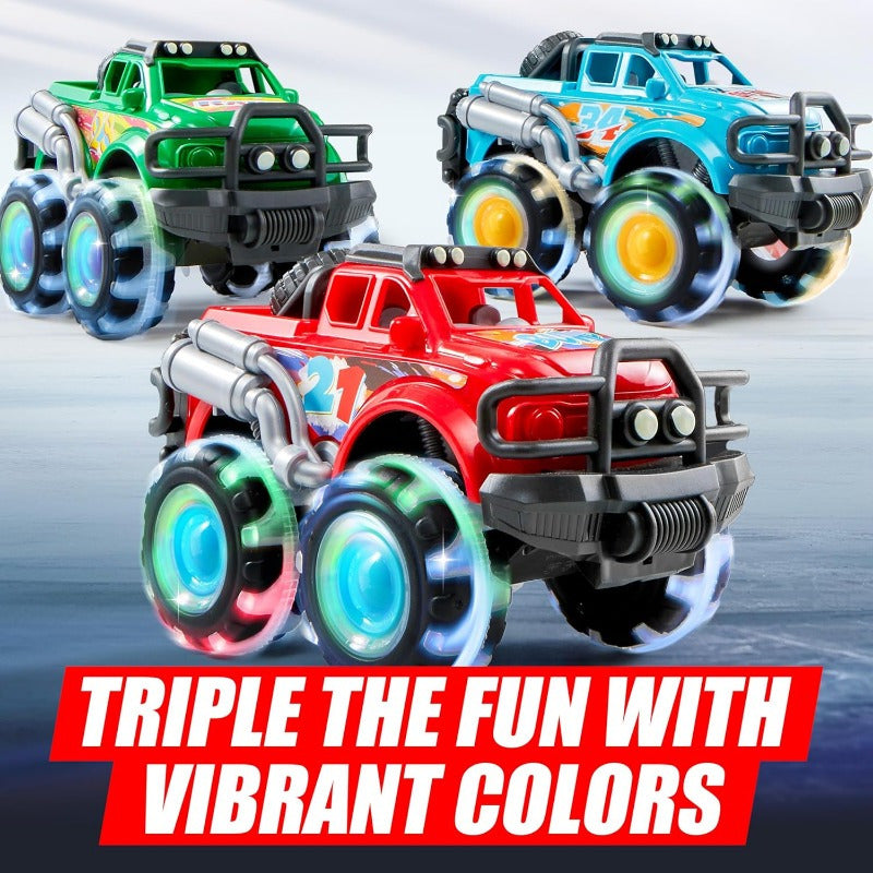 3-Pack Monster Truck Toys with Flashing LED Wheels – Friction-Powered Light-Up Cars for Toddlers, Easter, Christmas & Birthday Gift for Boys & Girls