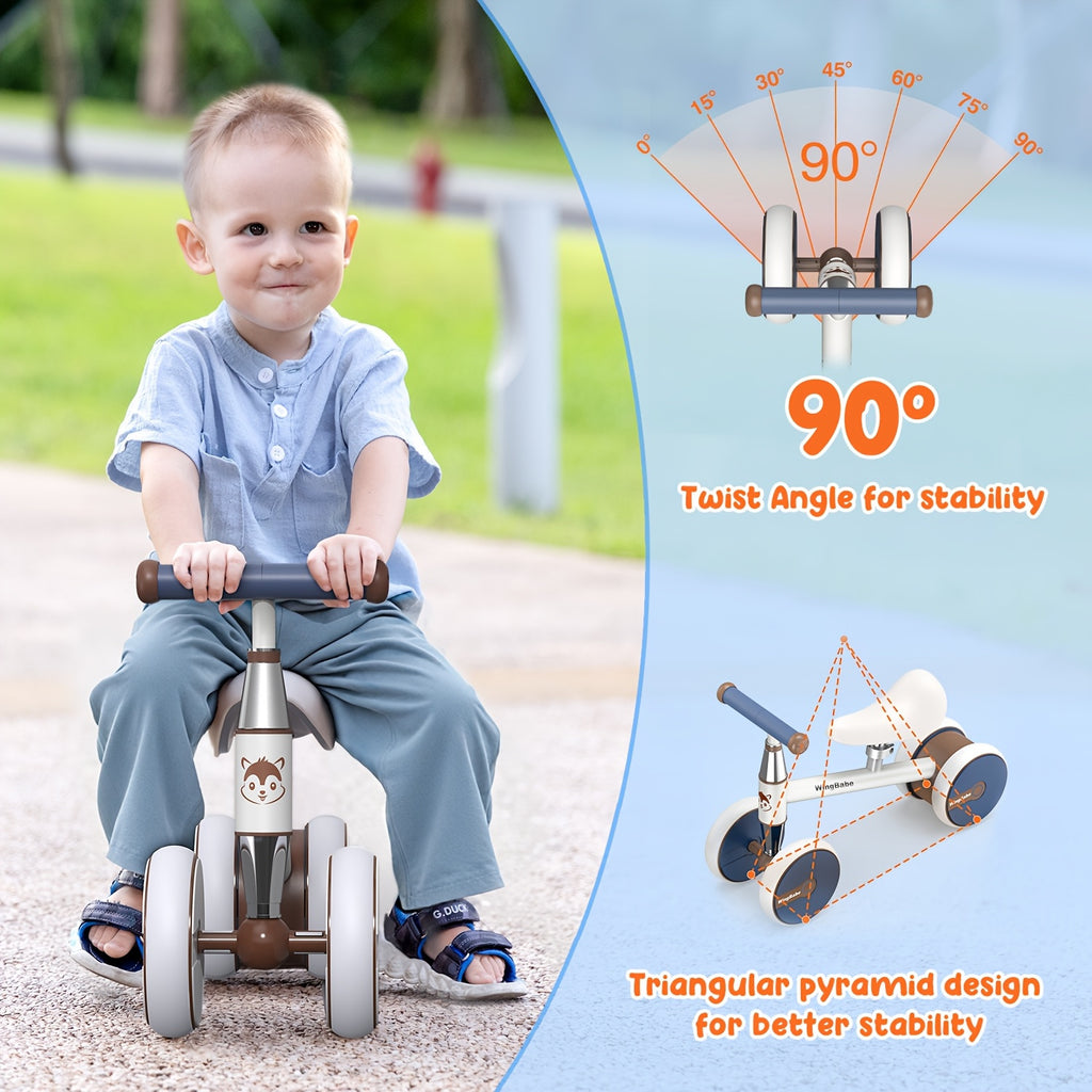 Baby Balance Bike for Toddlers 10-36 Months, 4 Wheel First Bike for Boys Girls with Adjustable Seat Silent TPE Tires 90° Safety Steering, Indoor Outdoor Ride-On Toy, 1st Birthday Christmas Gift