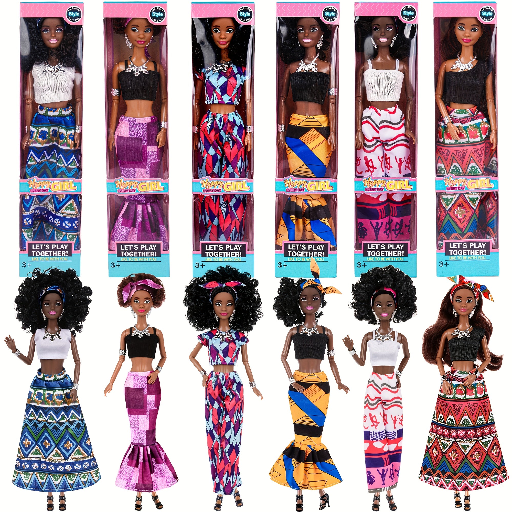 African American Curly Hair Fashion Dolls 6 Pack – 11.5 Inch Bohemian Style Dolls with Removable Outfits, Headscarf & Necklace, Diverse Doll Set Gift for Girls Ages 3+