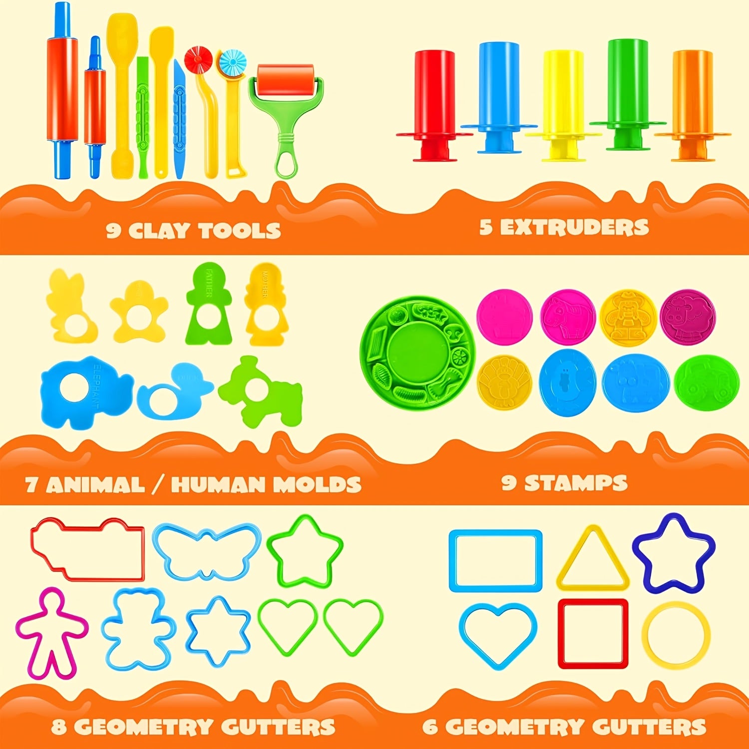 Clay Tools Set for Kids 44 Pcs Dough Accessories with Molds Rolling Pins Cutters Easy Grip Handles Non-Toxic ABS Plastic Party Favor Christmas Gift
