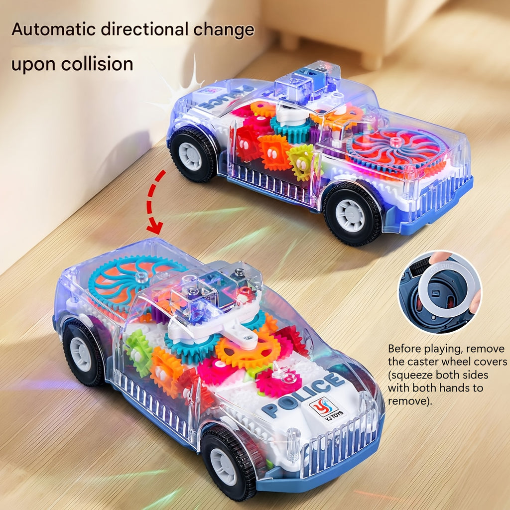 Electric Police Car Toy Transparent Gear Flashing Lights Music 360 Rotation Educational Toddler Toy for Kids Boys Girls Ages 3+ Birthday Christmas Gift
