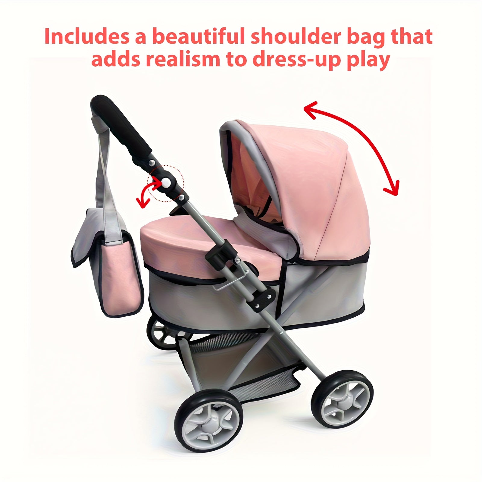 Foldable Doll Stroller for 16-20 Inch Dolls with Adjustable Handle Storage Basket & Shoulder Bag – Caregiver Role Play Toy Gift for Girls Gray Pink