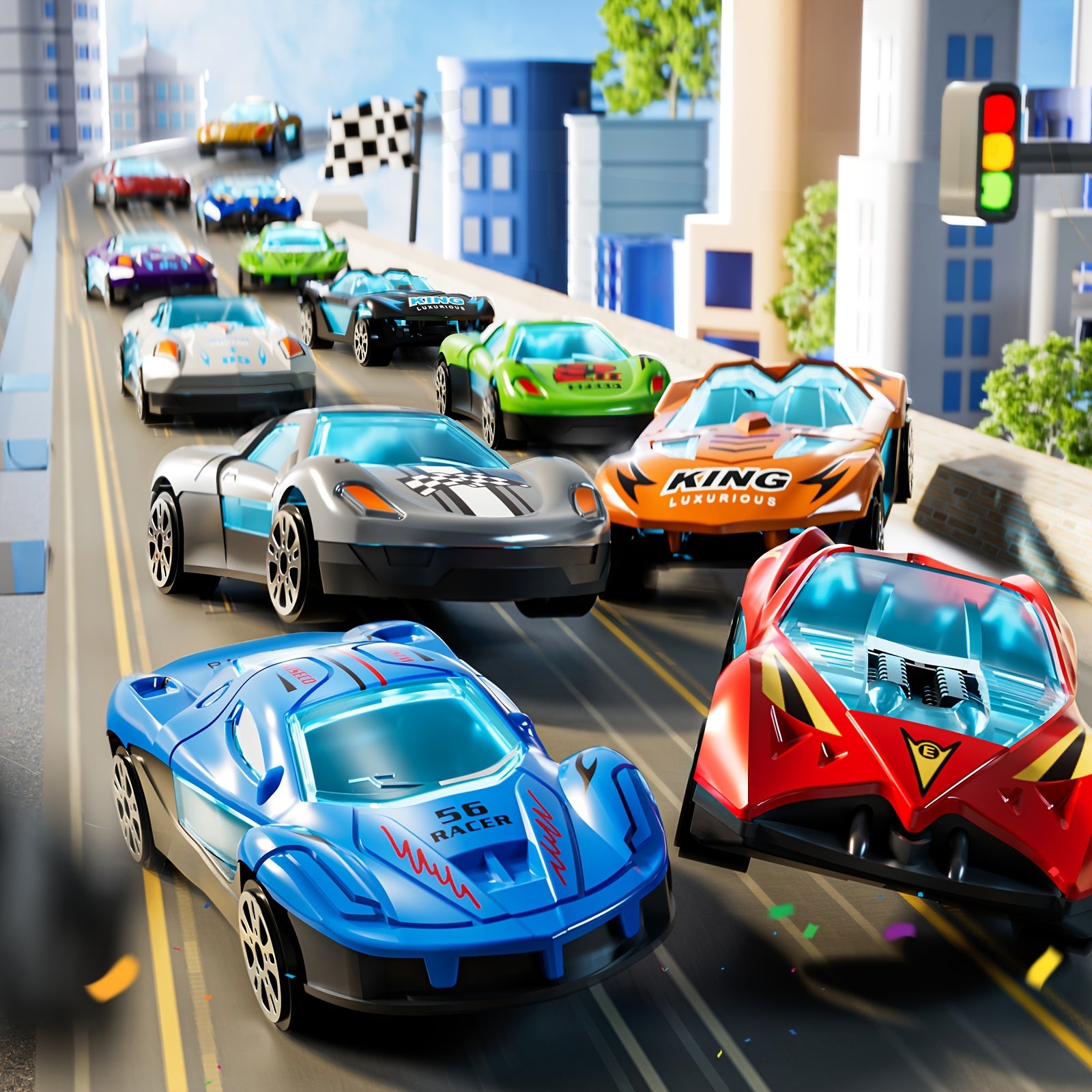 3-in-1 Kids Carrier Truck Toy with Car Tracks, 12 Racing Cars, Foldable Race Track & Garage – Toddler Birthday Gift for Boys Girls Ages 3+, Blue