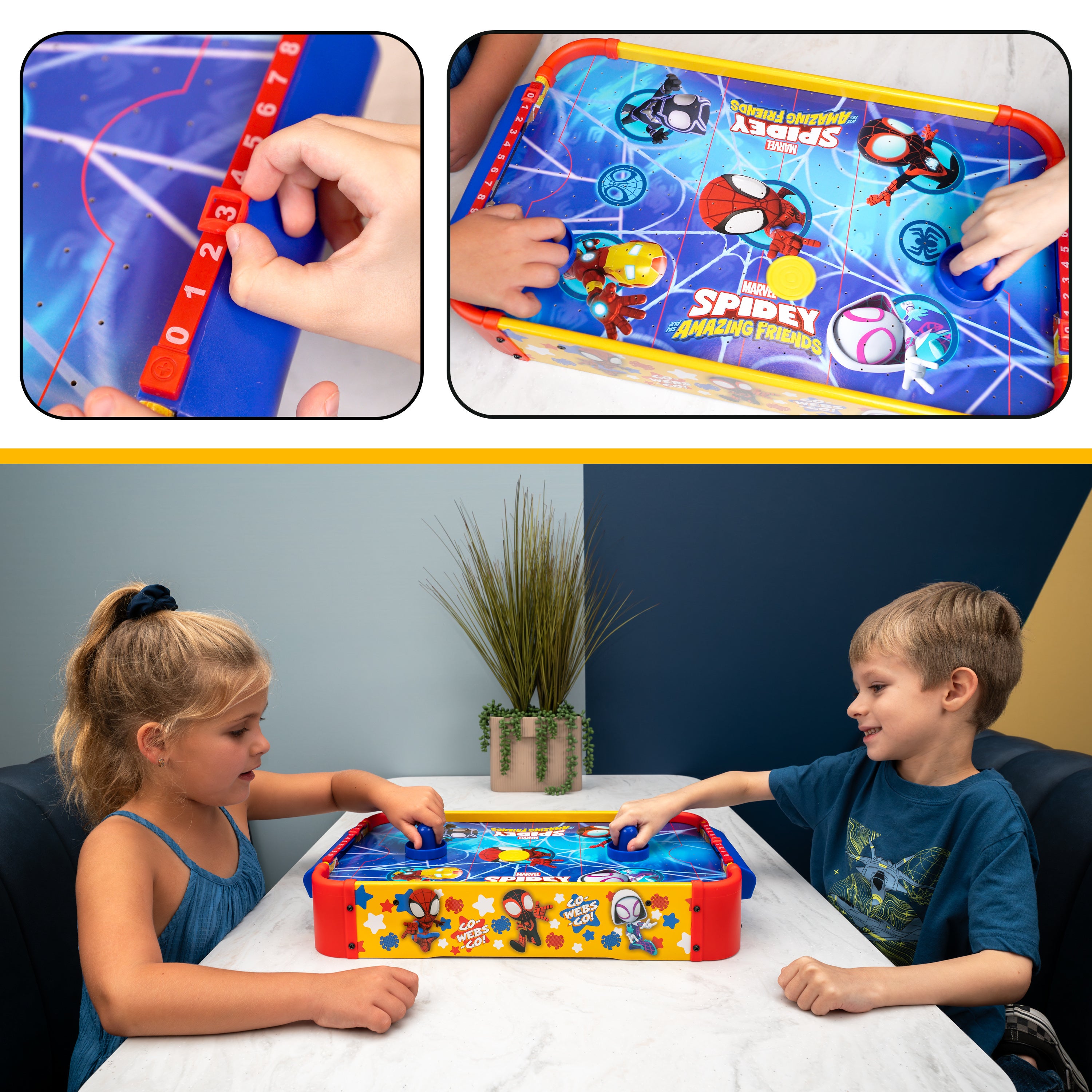 Tabletop Air Hockey Game for Kids Marvel Spidey and His Amazing Friends – Officially Licensed Wood Air Hockey Table, Manual Score Tracker, Family Game Night Gift Boys Girls Ages 3+