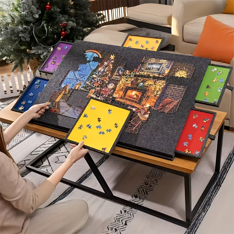 Felt Puzzle Board with 6 Colored Drawers & Tilting Stand – Portable 1000 & 1500 Piece Puzzle Table with 2-in-1 Bracket Cover for Adults