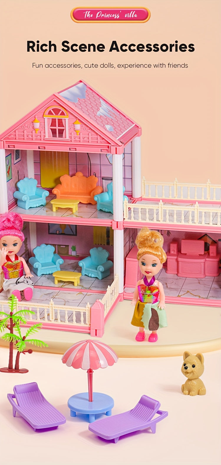 Dollhouse Princess Castle with Furniture – 11 to 27 Room Doll Villa Play Set for Girls Logical Thinking Toy Birthday Christmas Gift Kids Ages 3+ Pink Blue