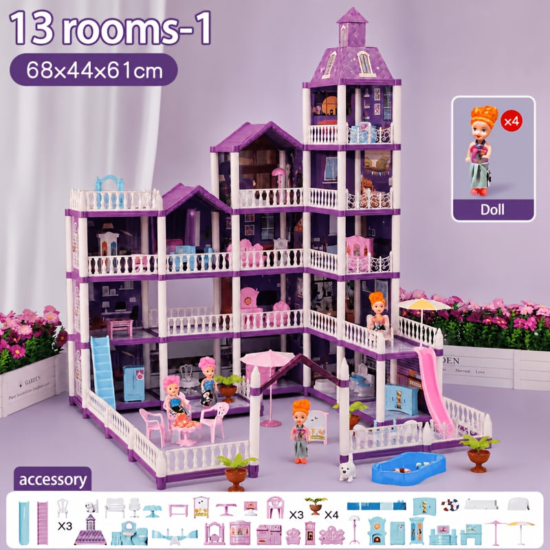 Dollhouse for Girls Ages 3-10 with Doll Figures Puppies Furniture Accessories LED Light - 6 to 16 Room Purple Playhouse, Imaginative Pretend Play Toy, Birthday Christmas Easter Gift for Girls
