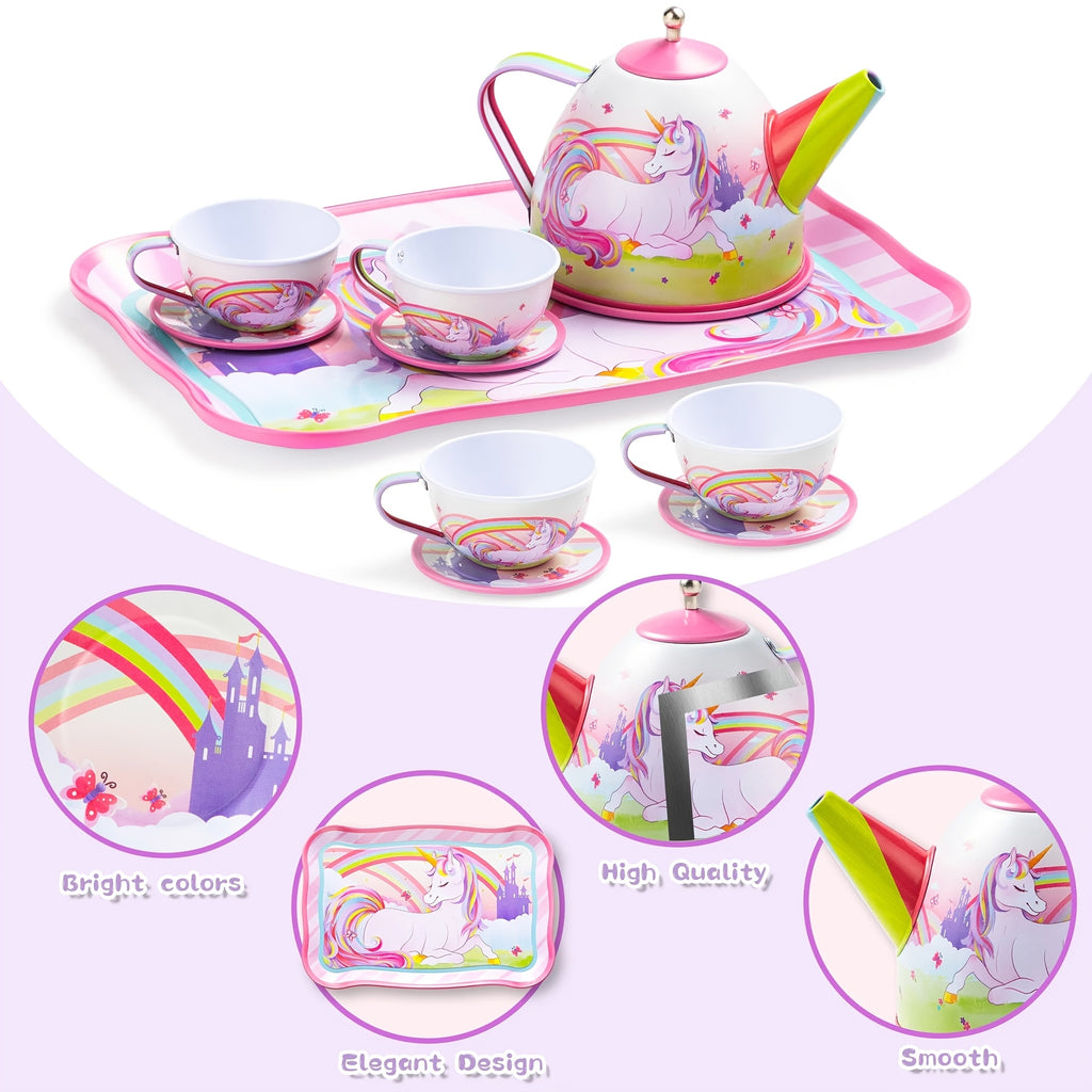 Unicorn Tea Party Set for Girls 15 Pcs Pretend Play Pink Tin Teapot Set with Carrying Case Toddler Tea Set Birthday Christmas Gift Ages 3 and Up
