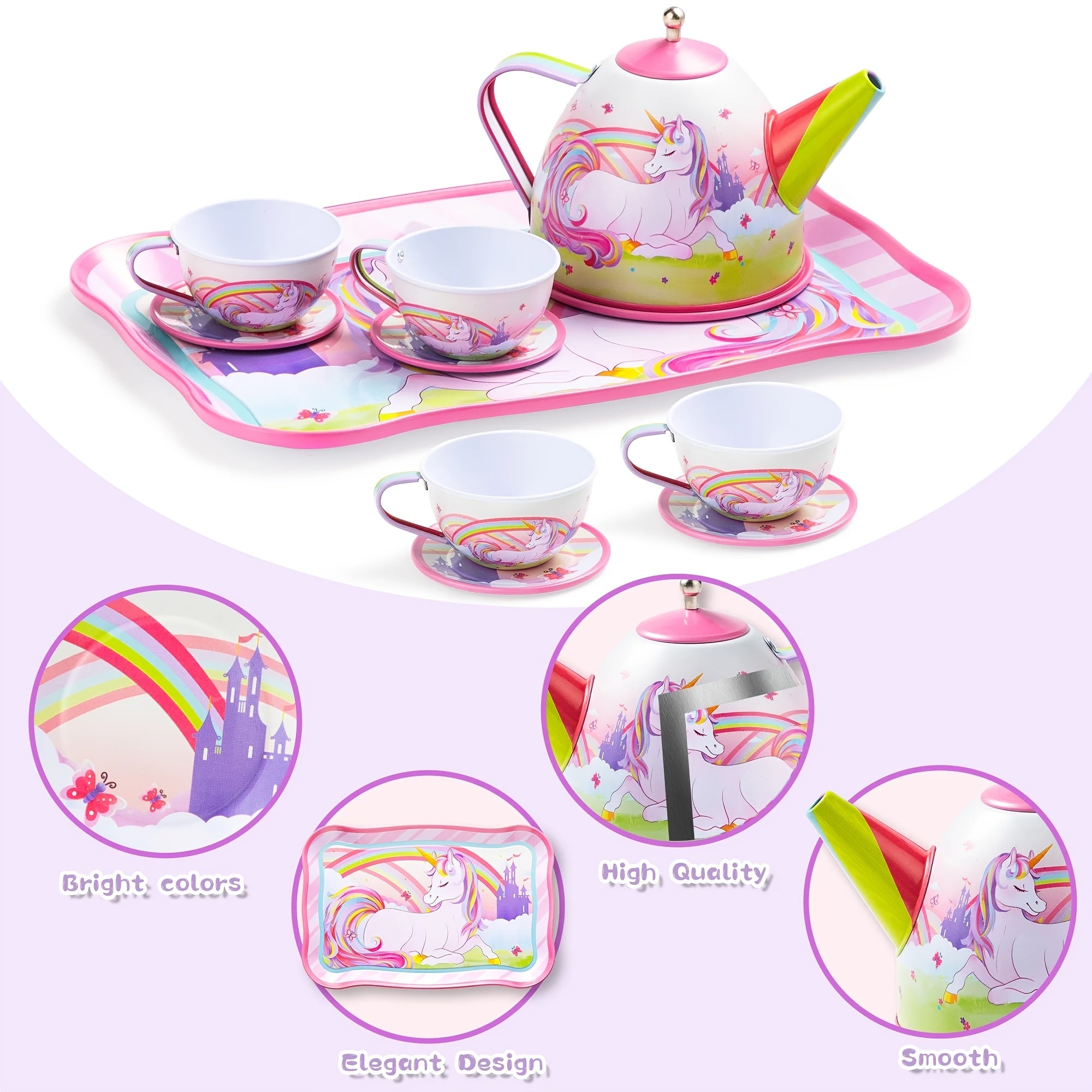 Unicorn Tea Party Set for Girls 15 Pcs Pretend Play Pink Tin Teapot Set with Carrying Case Toddler Tea Set Birthday Christmas Gift Ages 3 and Up