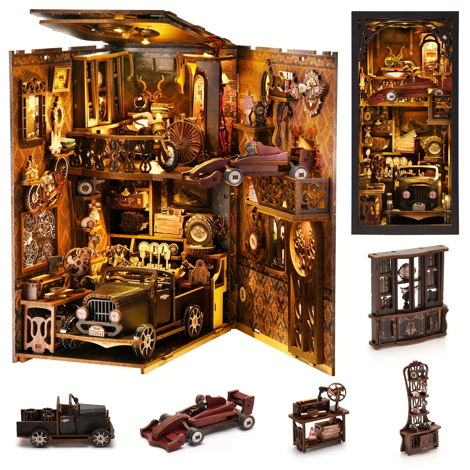 DIY Book Nook Miniature Kit with LED – Car Players 3D Wooden Puzzle Bookshelf Insert Decor Vintage Alley Bookend Model Building Set Birthday Gift Home Room Decor