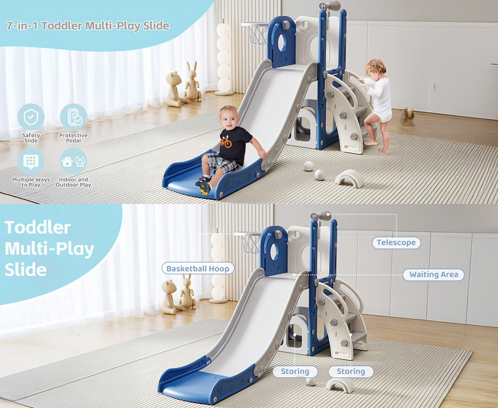 Toddler Slide and Climber Playset Indoor Outdoor for Boys Girls Ages 1.5-6 - L-Shaped Playground with Basketball Hoop Storage Telescope, Easy Assembly Kids Slide Set, Birthday Christmas Gift