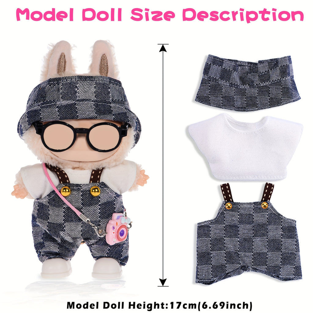 Labubu Doll Clothes 3 Outfits for 17cm Plush Dolls – Hats Shirts Pants Glasses Backpack Shoes Casual Dress-Up Accessories Kit No Doll Kids Collectors Gift