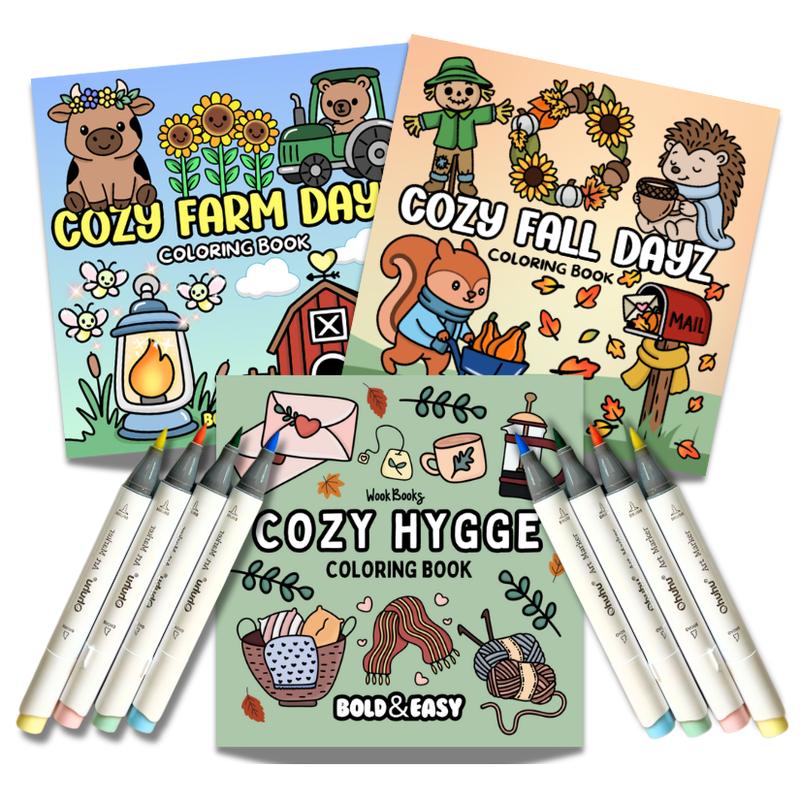 Coloring Book and Marker Bundle by Wook Books, 3 Bold and Easy Books with 8 Mystery Ohuhu Brush-Tip Alcohol Markers, Protective Sheet and Sticker Gifts
