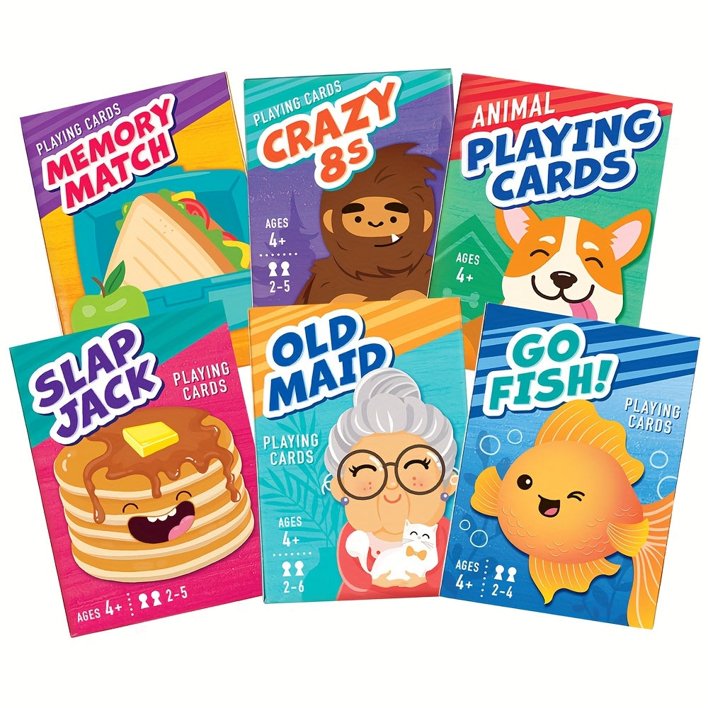 6-in-1 Kids Card Games Set Go Fish Old Maid Crazy Eights Memory Match Slap Jack Animal Cards 6 Decks Family Game Night Ages 4+ Birthday Gift