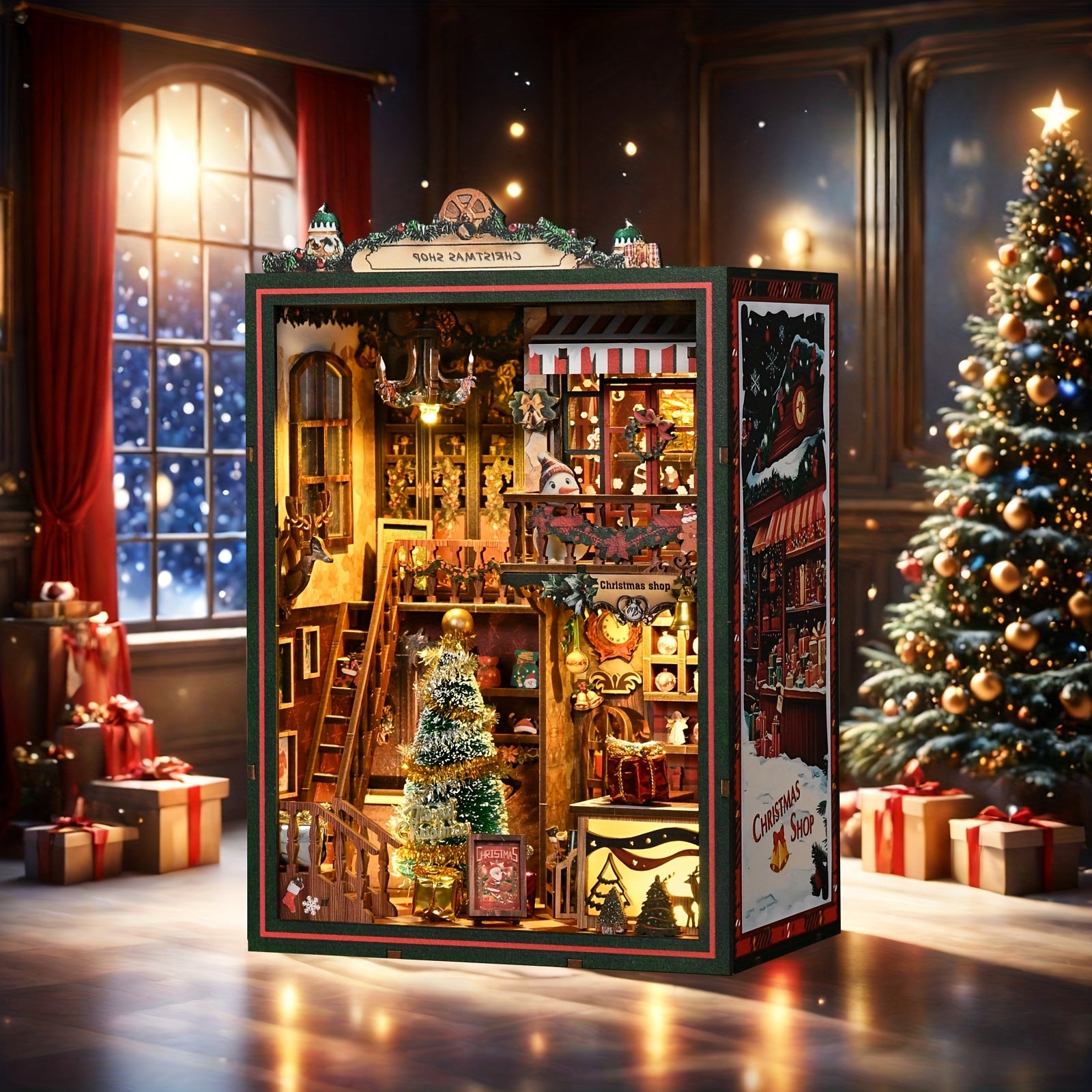 Christmas Shop Book Nook Kit – 3D Wooden Miniature House DIY Bookshelf Insert for Adults & Teens, Cozy Holiday Tiny House Craft, Christmas & New Year Gift, Home Decor