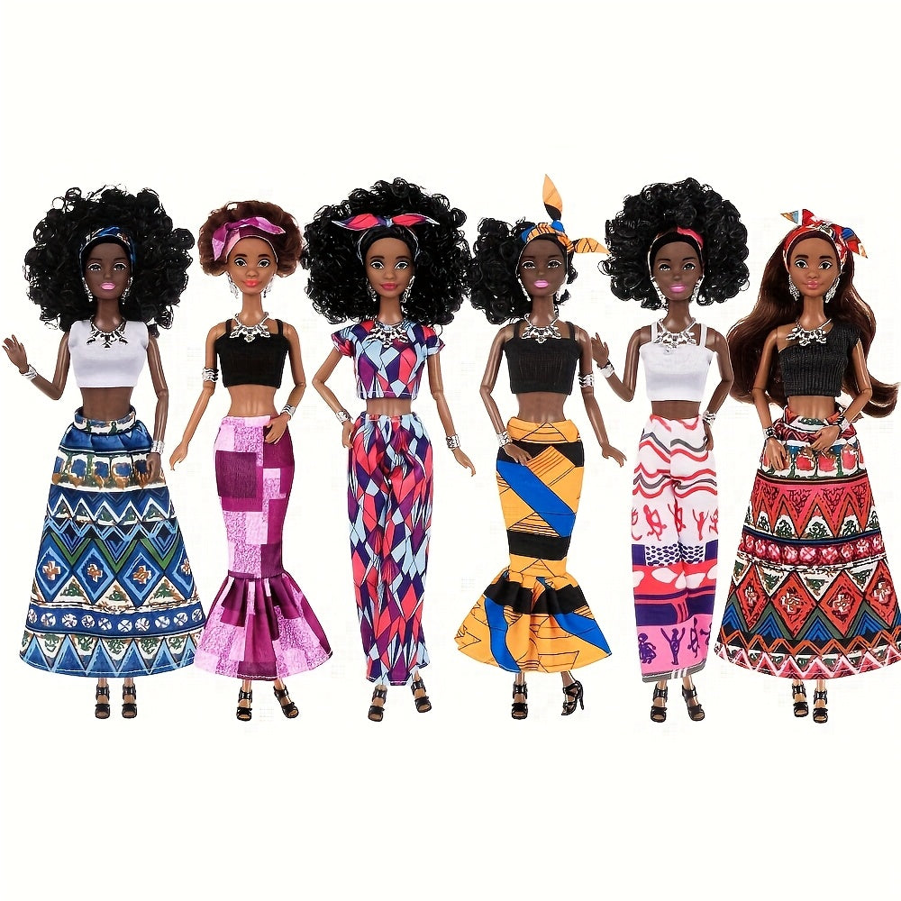 African American Curly Hair Fashion Dolls 6 Pack – 11.5 Inch Bohemian Style Dolls with Removable Outfits, Headscarf & Necklace, Diverse Doll Set Gift for Girls Ages 3+
