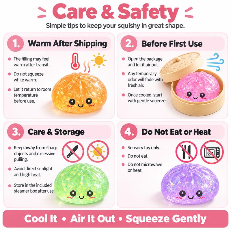 Glitter Dumpling Squishy Toy Mystery Box, Random Color Soft Sensory Fidget with Mini Steamer Storage for Desk Breaks and Surprise Gifts