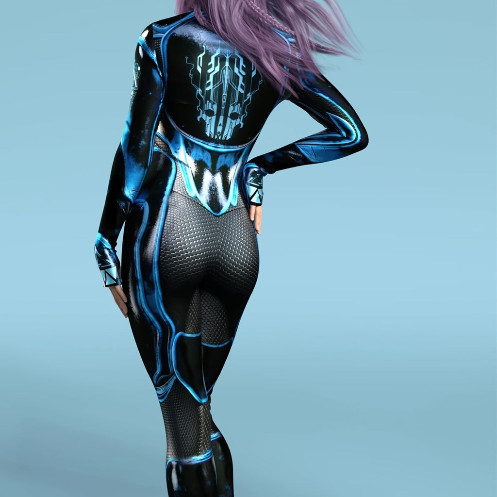 Halloween Mecha Jumpsuit Sci-Fi Futuristic Blue & Black High-Gloss Zippered Bodysuit Costume for Adults