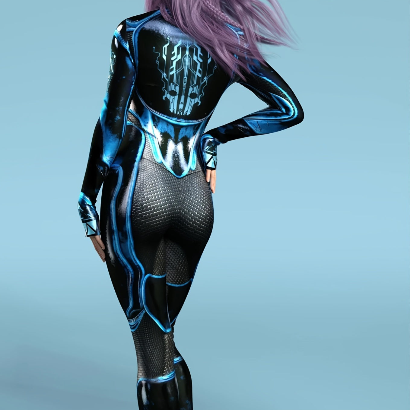 Halloween Mecha Jumpsuit Sci-Fi Futuristic Blue & Black High-Gloss Zippered Bodysuit Costume for Adults