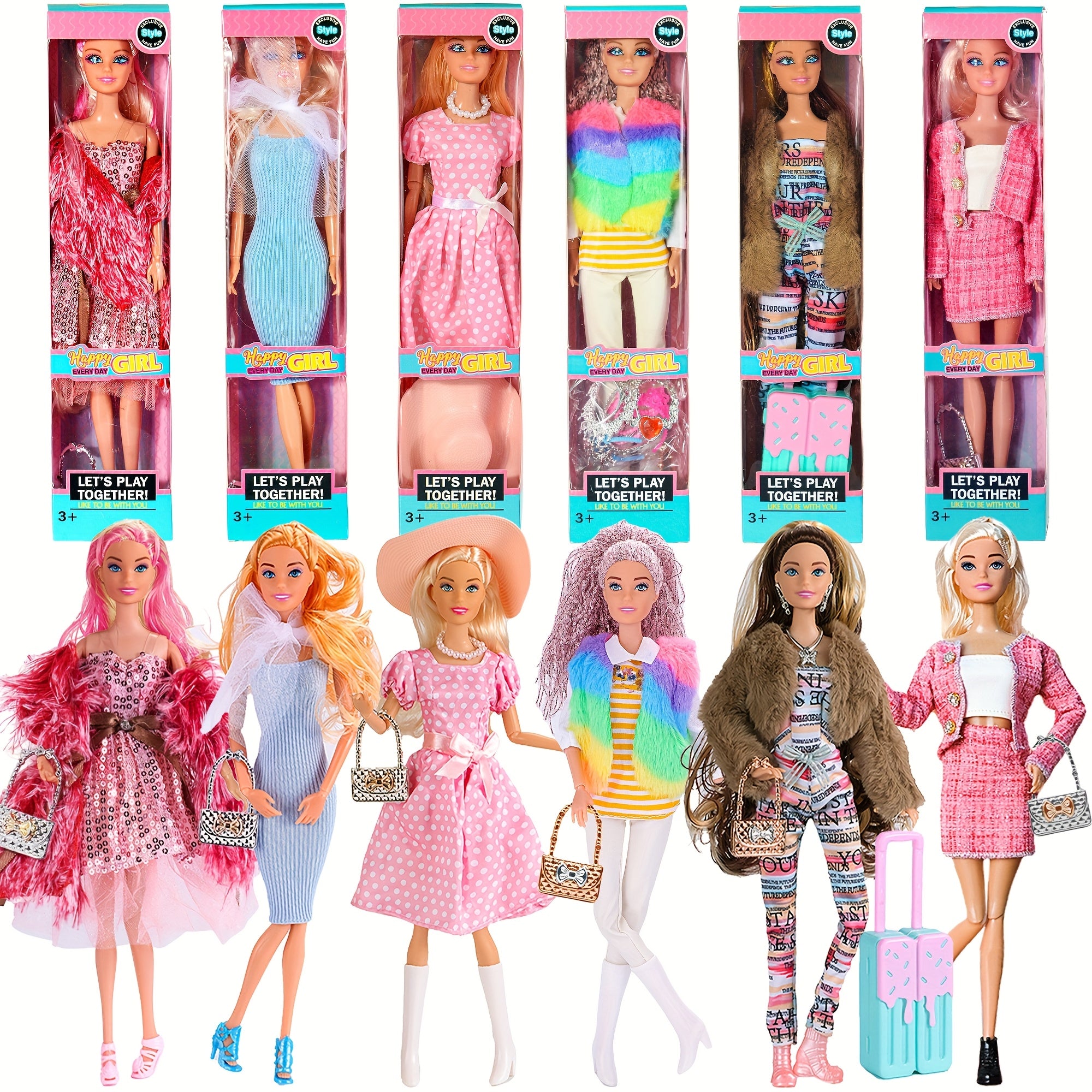 6 Pack 11.5 Inch Articulated Fashion Princess Dolls Playset – Poseable Joints, Outfits, Handbag, Crown, Necklace & Suitcase, Individual Gift Boxes, Complete Doll Set for Girls Ages 3+