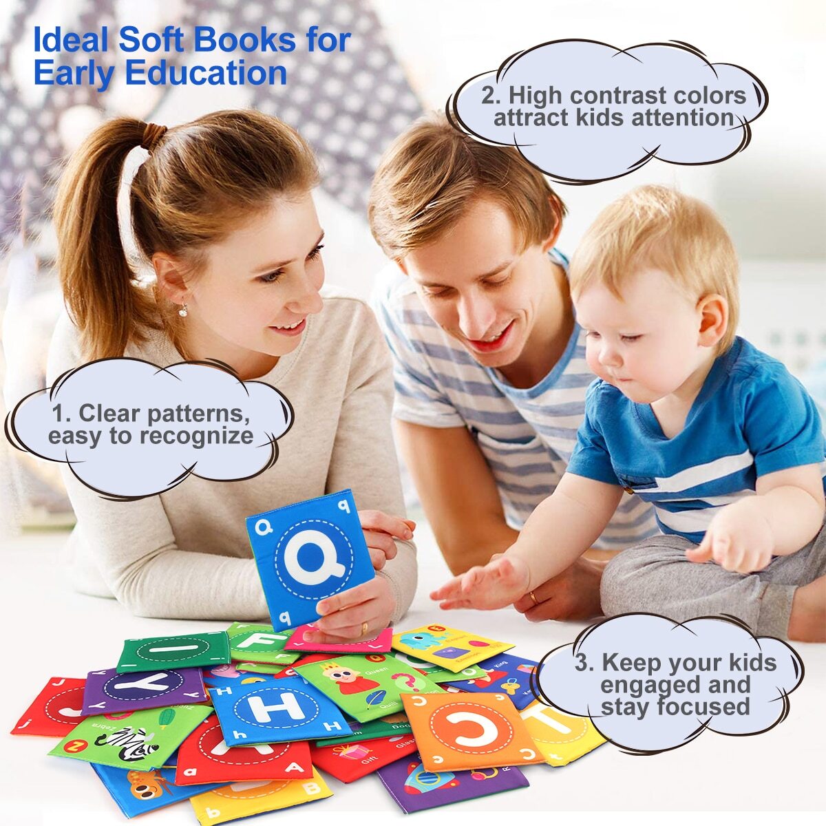 Alphabet Cloth Book with 26 Letter Cards, Soft Early Learning Book in Royal Blue for Parent-Child ABC Activities and Educational Gifts