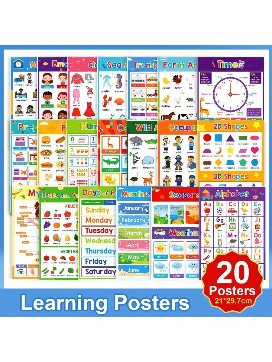 English Learning Poster Set for Preschool, 20-Piece Teaching Aid Kit Including Flashcards, Emotions and Number Charts for Classroom and Homeschool