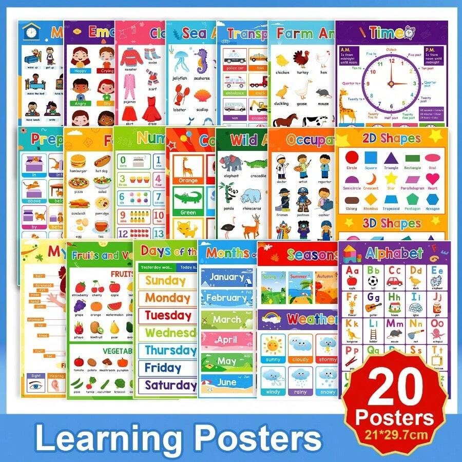English Learning Poster Set for Preschool, 20-Piece Teaching Aid Kit Including Flashcards, Emotions and Number Charts for Classroom and Homeschool