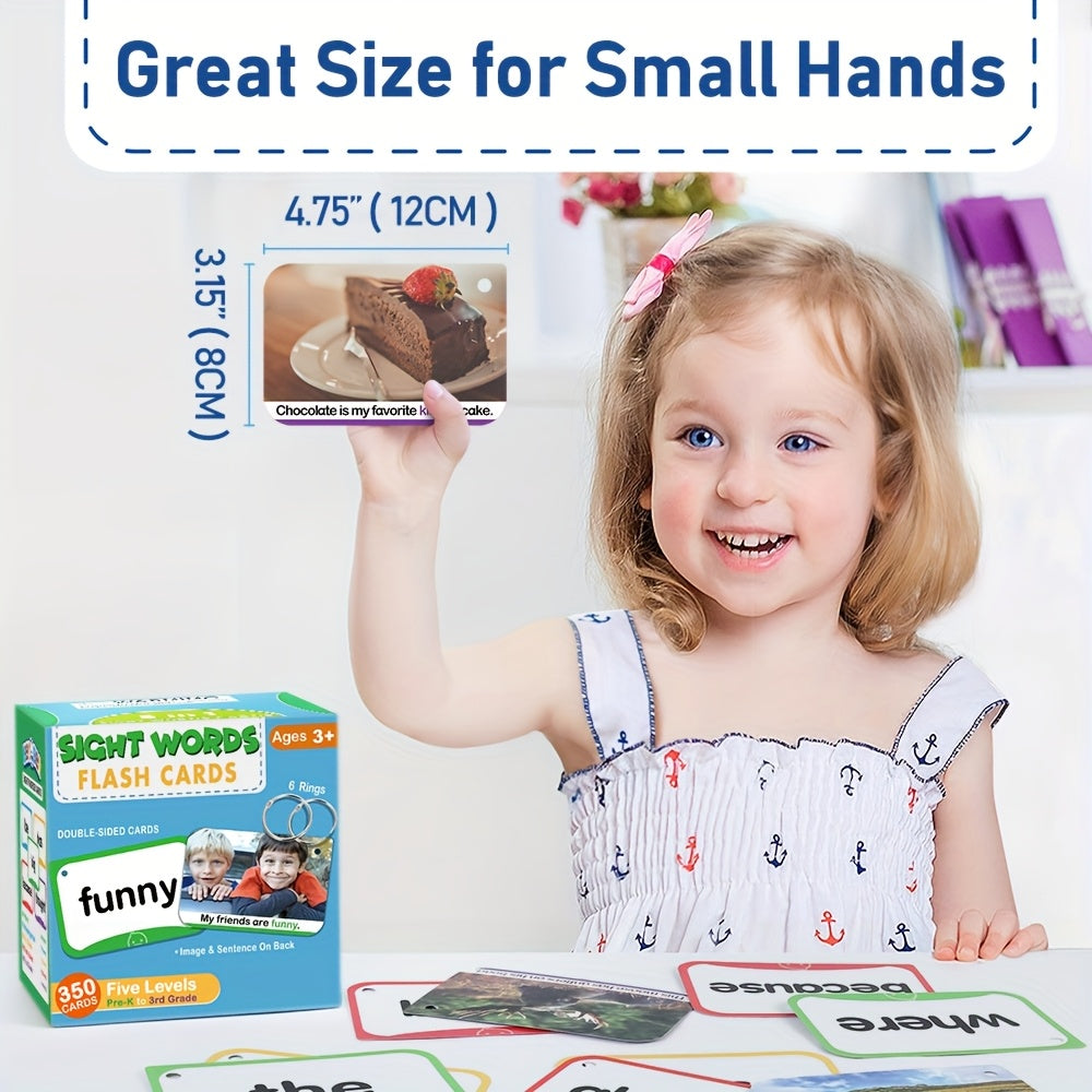 Sight Words Flash Cards 350 Dolch & Fry High Frequency Words – 5 Levels Pre-K to 3rd Grade, Double-Sided Learning Cards with Real Pictures for Kids Ages 3-9